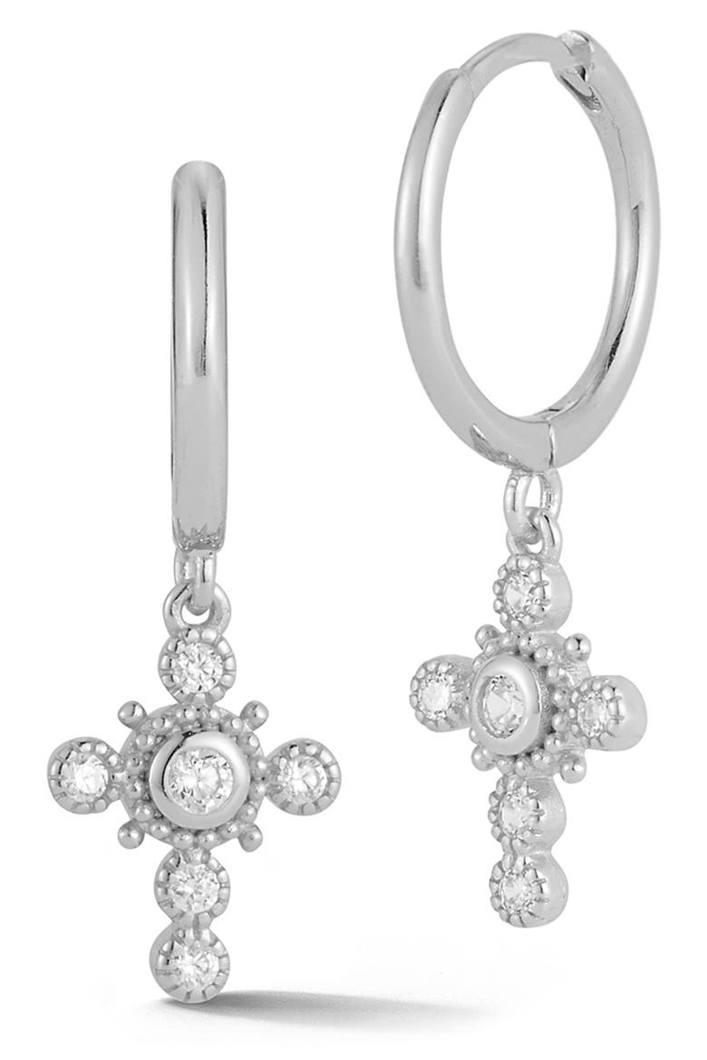 14K Yellow Gold Vermeil CZ Cross Drop Earrings, Main, color, SILVER