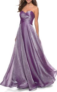 La Femme Strapless Chiffon Dress with Criss Cross Bodice Detail