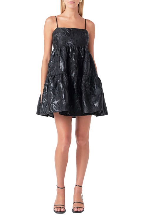 Metallic Floral Jacquard Tiered Minidress