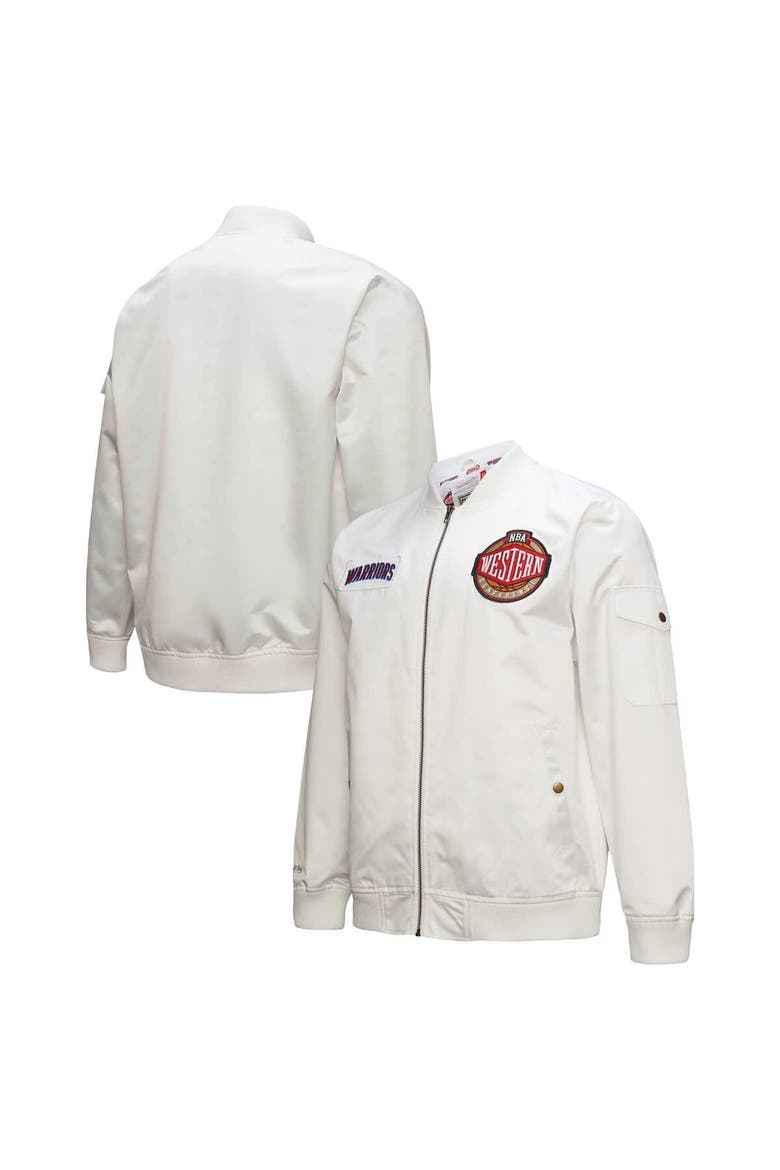 Men's Mitchell & Ness White Golden State Warriors Hardwood Classics Nights Team Leader Satin Full-Zip Jacket, Main, color, White