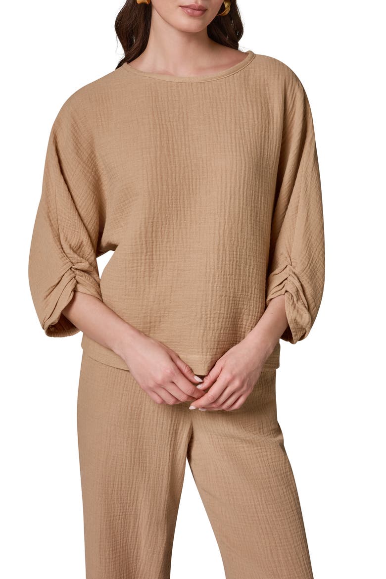 Twist Cuff Cotton Gauze Top, Main, color, FAWN