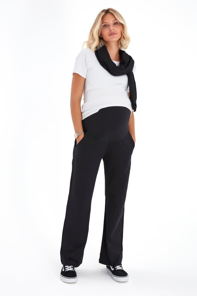 Foldover Waistband Stretch Cotton Maternity Pants, Main, color, BLACK