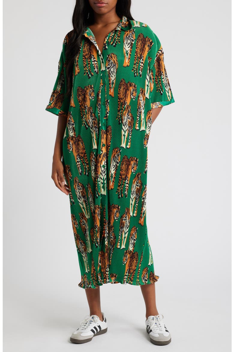 So Far So Good Oversize Plissé Shirt Dress, Main, color, GREEN