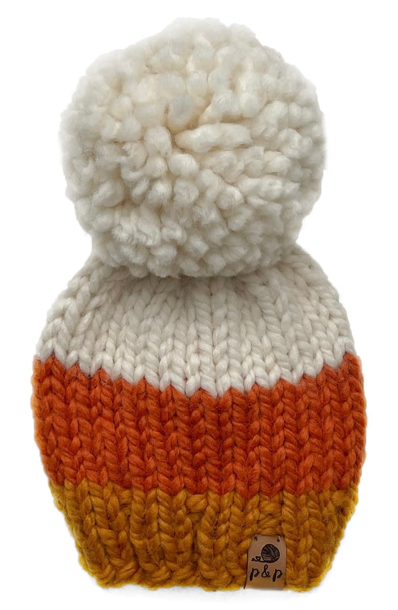 PINE + POPPY Halloween Candy Corn Pompom Hat, Main, color,