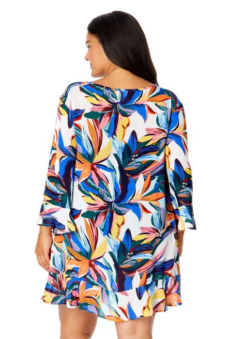 Anne Cole Plus Riviera Floral Flounce V Neck Tunic Swimsuit Cover Up In Riviera Floral