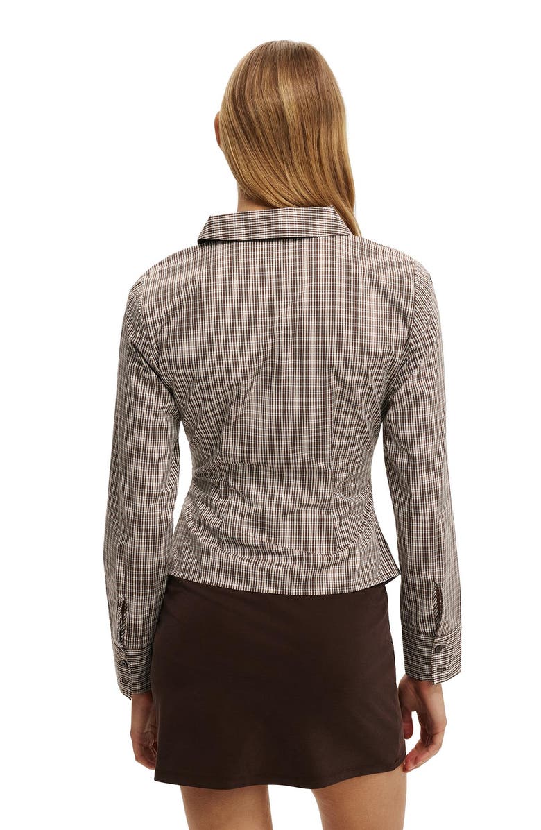 Cotton On Women's Peyton Gathered Long Sleeve Shirt, Alternate, color, Hazel Micro Check Rich Mocha