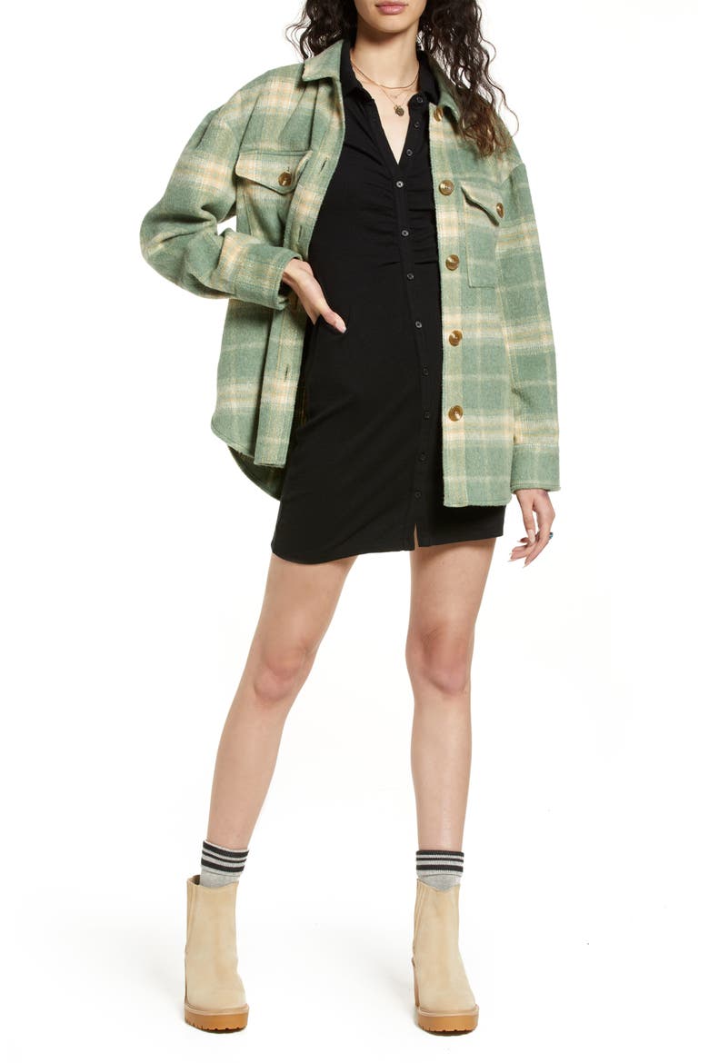 Ruched Long Sleeve Rib Shirtdress, Alternate, color, BLACK