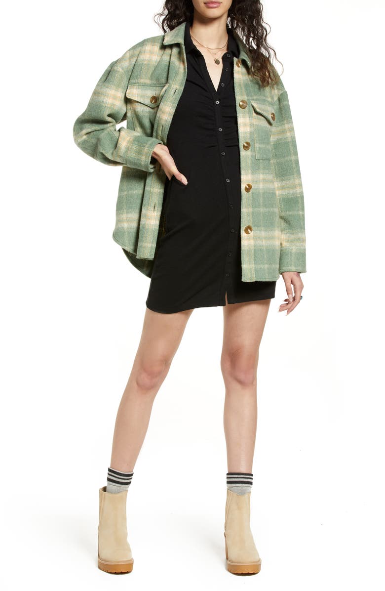 BP. Ruched Long Sleeve Rib Shirtdress, Alternate, color,