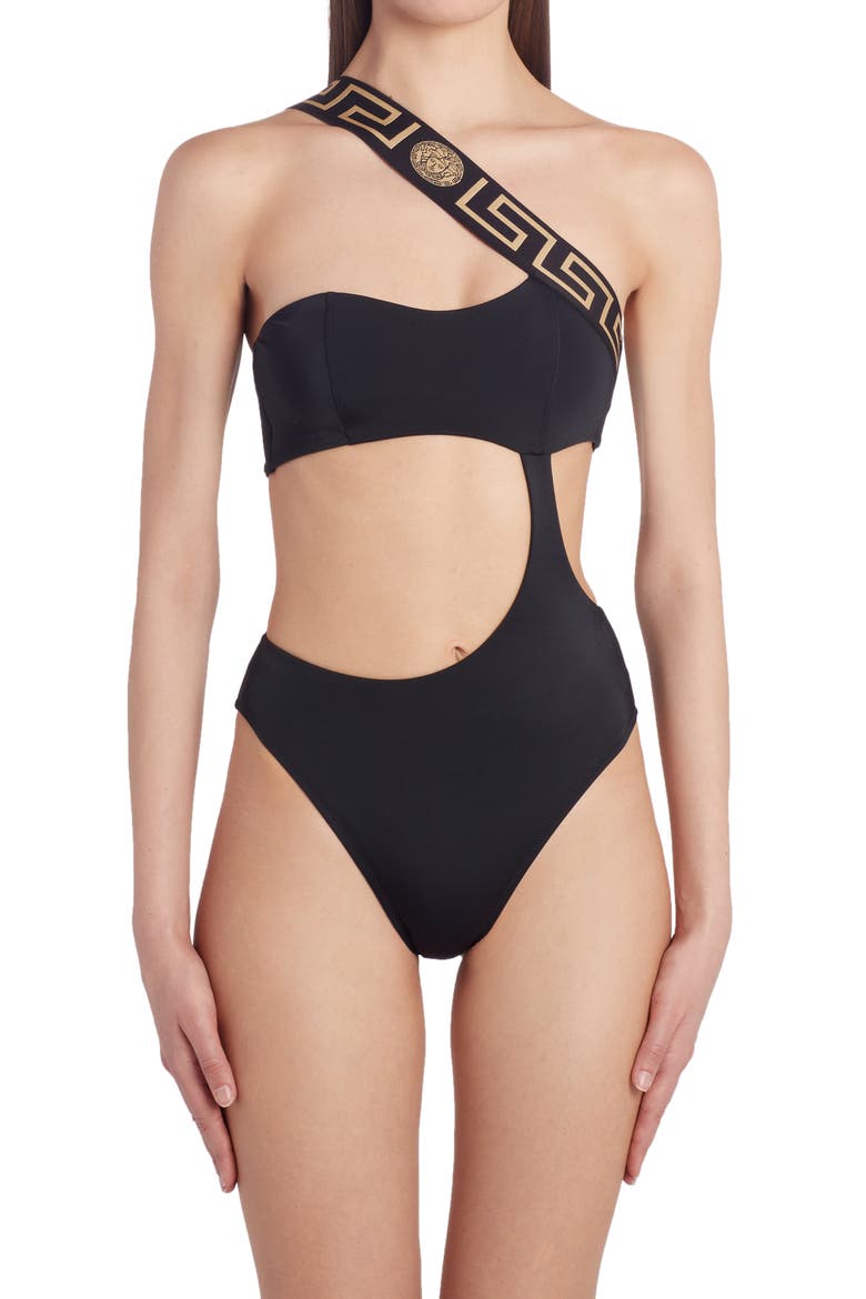 La Greca Logo One-Piece Swimsuit, Main, color, BLACK