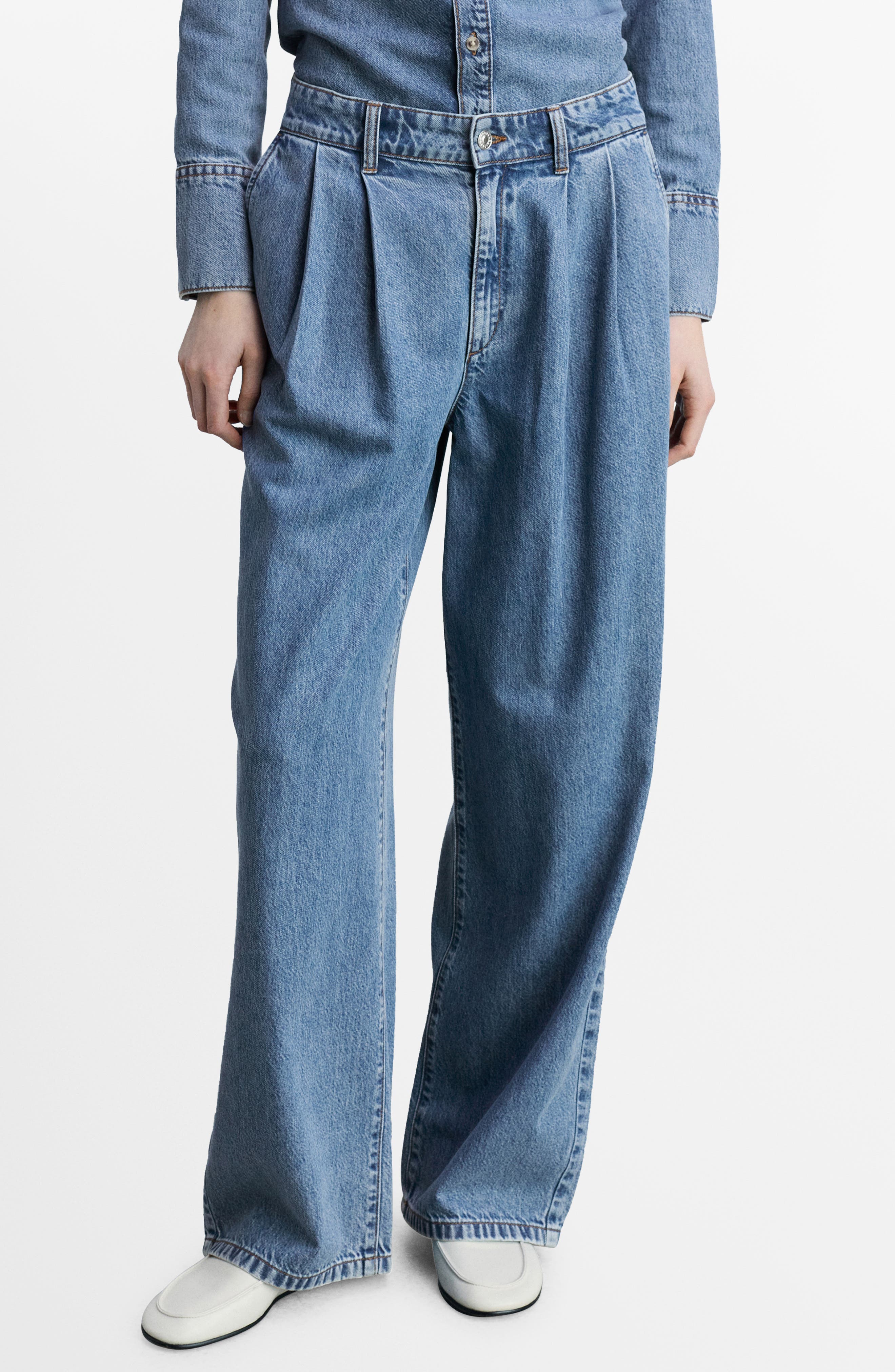 MANGO Pleated High Waist Wide Leg Jeans
