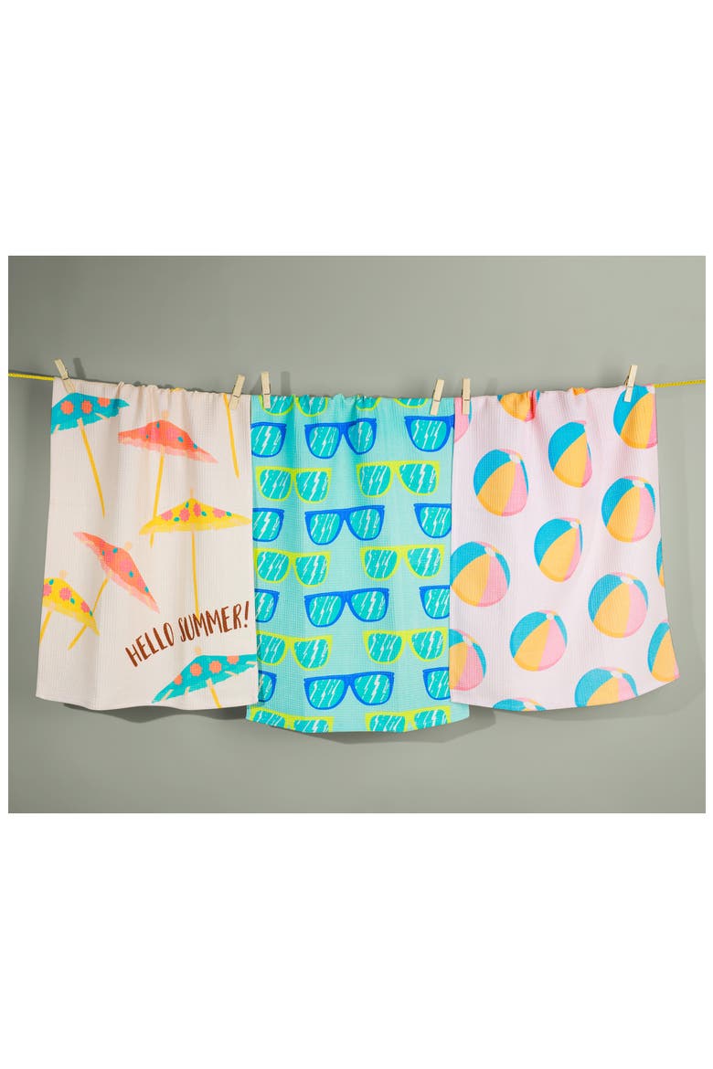 Endless Summer Set of 3 Cotton Waffle Kitchen Towels, Alternate, color, AQUA/ HOT PINK / MARIGOLD