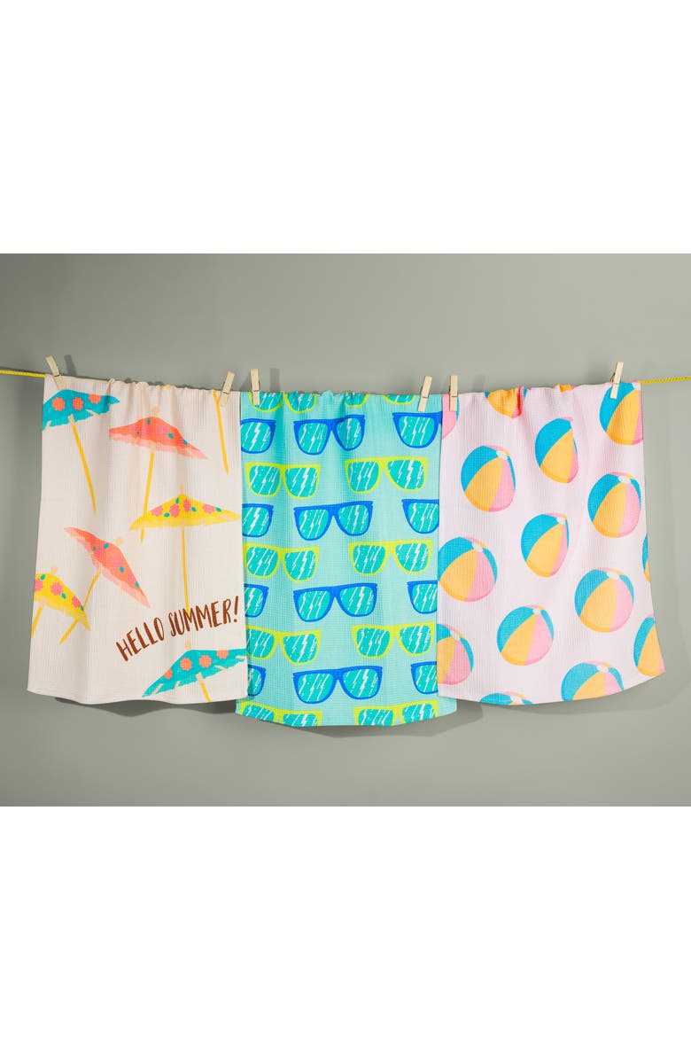 Tiramisu Endless Summer Set of 3 Cotton Waffle Kitchen Towels, Alternate, color, Aqua/ Hot Pink / Marigold