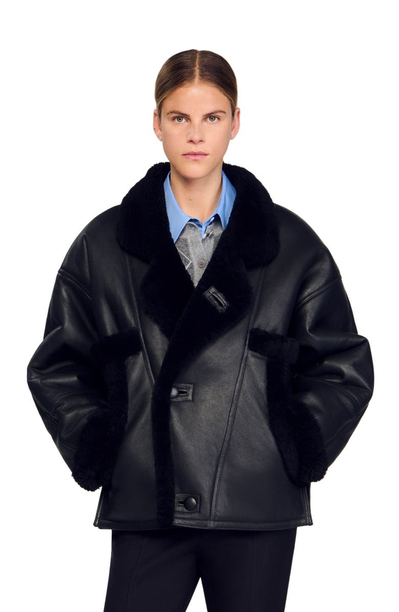 SANDRO Short shearling coat, Alternate, color, Black