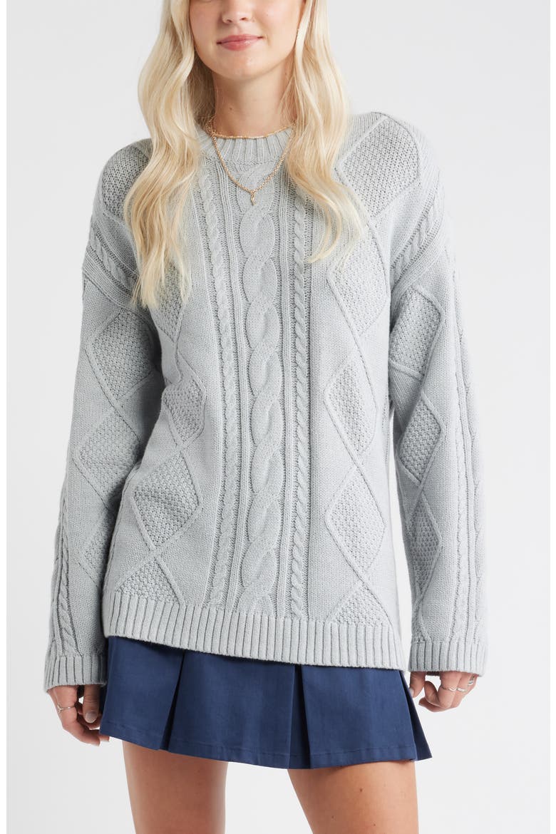 Cabled Oversize Cotton Blend Crewneck Sweater, Main, color, GREY SOFT HEATHER