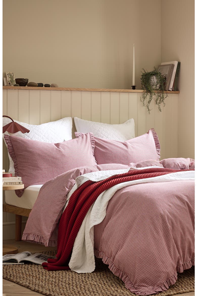 Gingham Ruffle Luxury Cotton Duvet Cover Sets, Alternate, color, Red