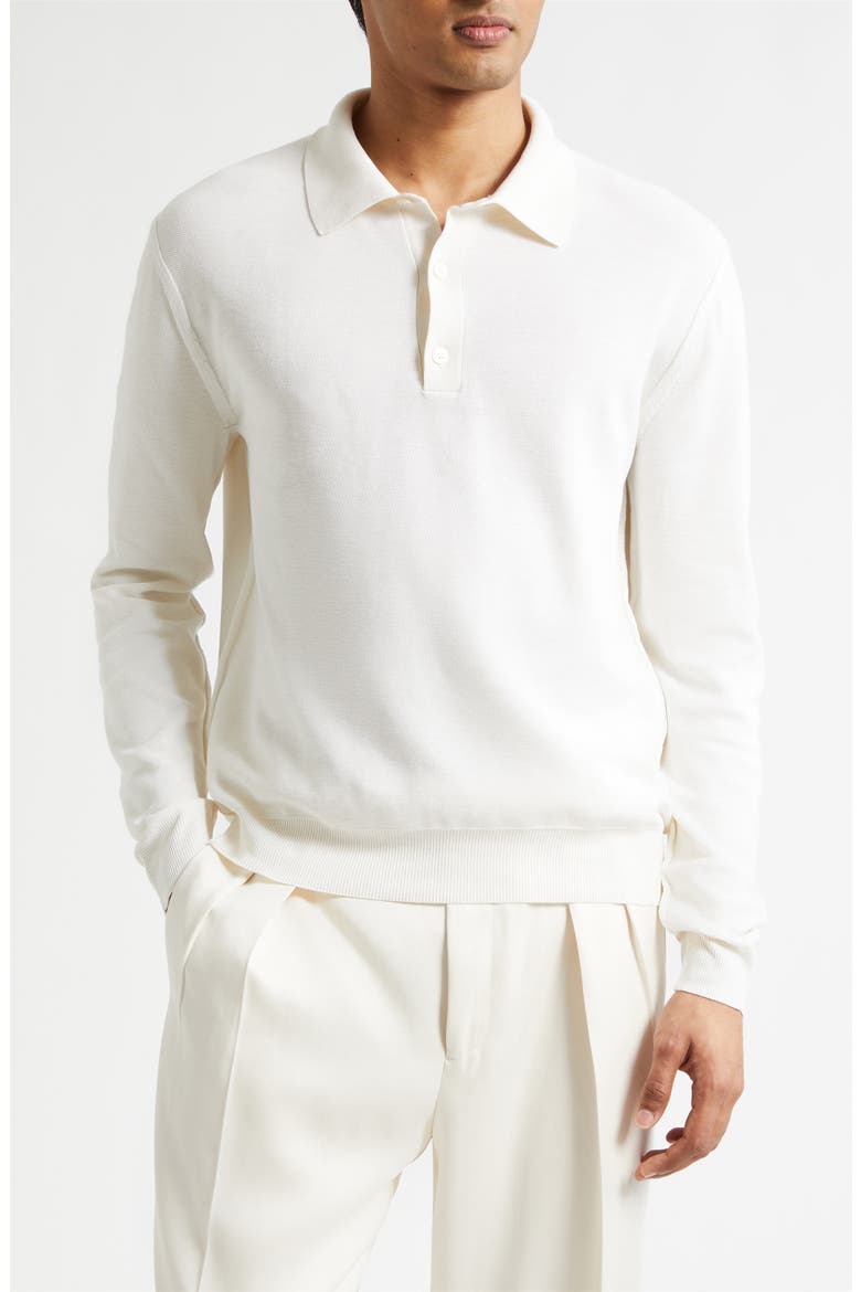 Silk & Cotton Piqué Long Sleeve Polo, Main, color, WHITE