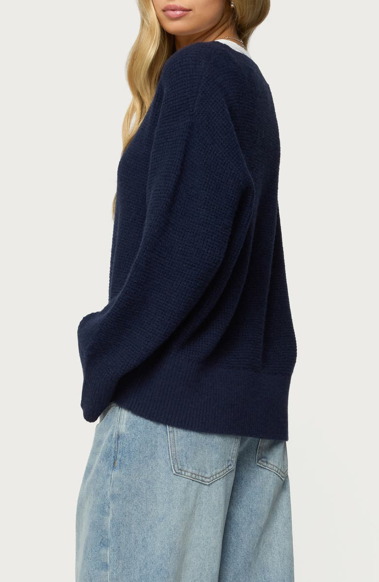 EDIKTED Bluebell Oversize V-Neck Waffle Knit Sweater, Alternate, color, Navy