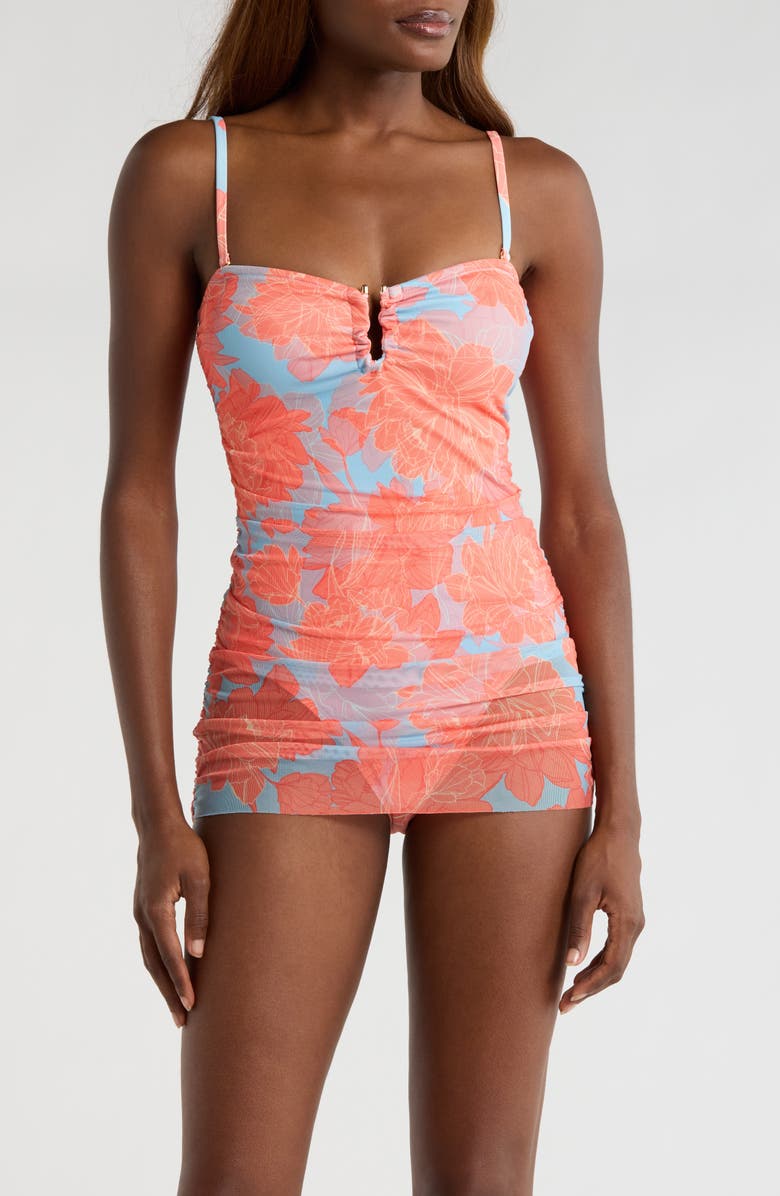 Hutch Shirred Strapless Sheer Mesh Overlay One-Piece Swimsuit, Alternate, color, Sky Blue Peonies
