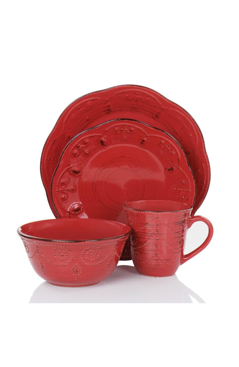 Elama Rustic Birch 16 Piece Stoneware Dinnerware Set, Alternate, color, Red