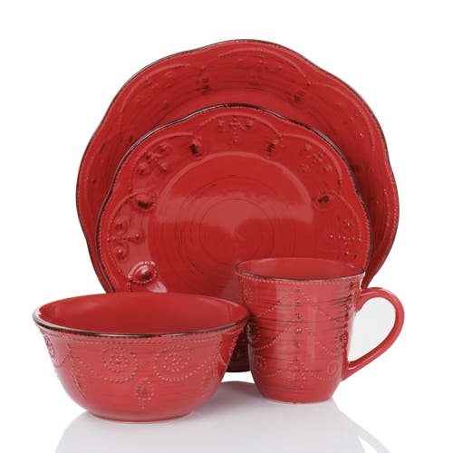 Elama Rustic Birch 16 Piece Stoneware Dinnerware Set In Red