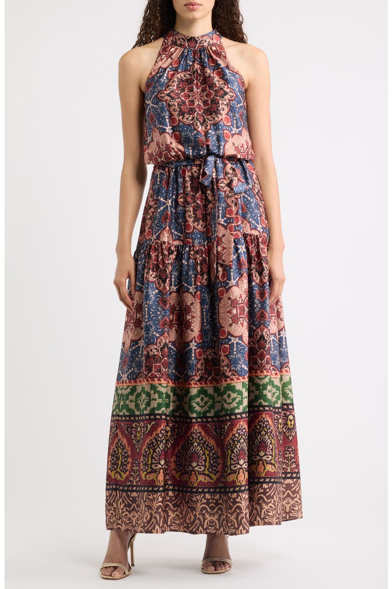 Print Sleeveless Tiered Maxi Dress, Main, color, BLUE RUST