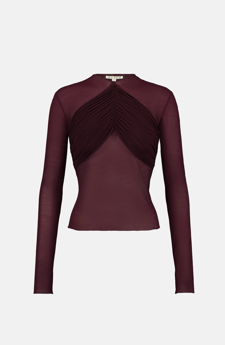 SAEMDI Bordeaux Mesh Draped Top, Main, color, Bordeaux
