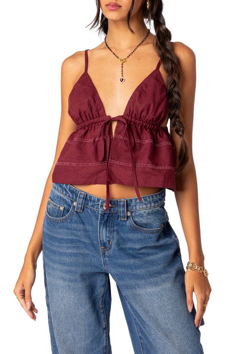EDIKTED Candy Tie Front Crop Camisole, Main, color, Burgundy