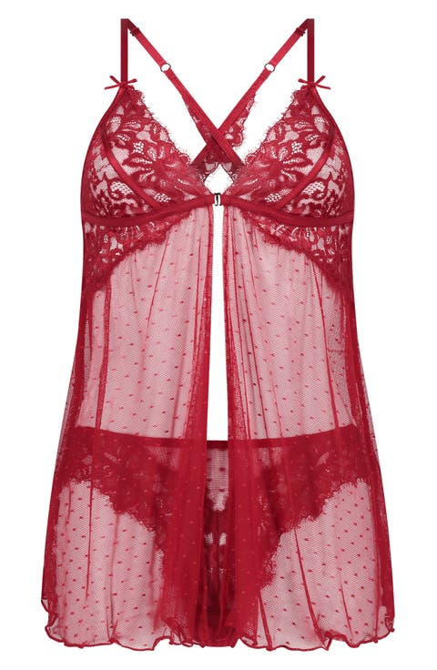Charlotta Dot Mesh & Lace Chemise & Briefs Set