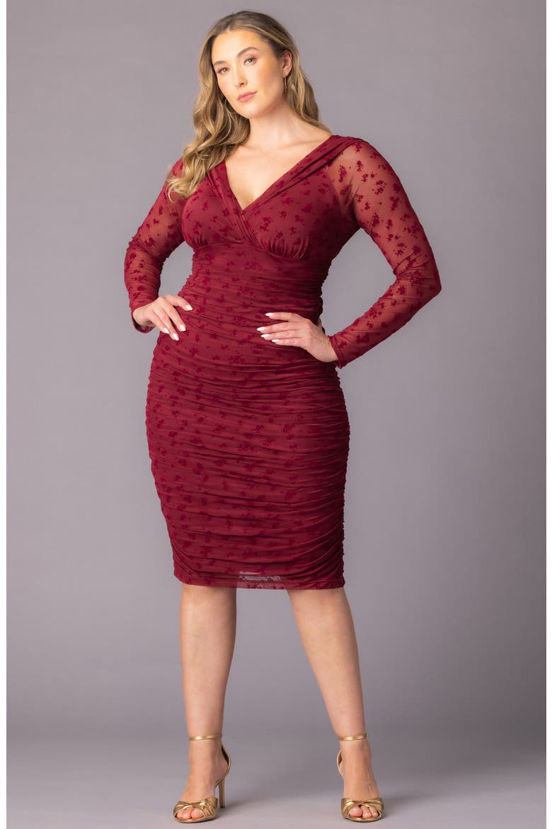 Betsey Ruched Elbow Sleeve Midi Bodycon Dress, Alternate, color, BURGUNDY FLOCKED FLORALS