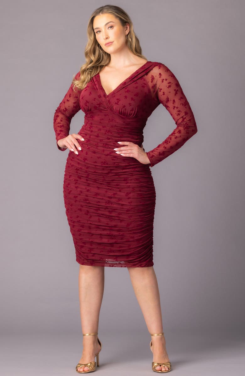 Kiyonna Betsey Ruched Elbow Sleeve Midi Bodycon Dress, Alternate, color, Burgundy Flocked Florals