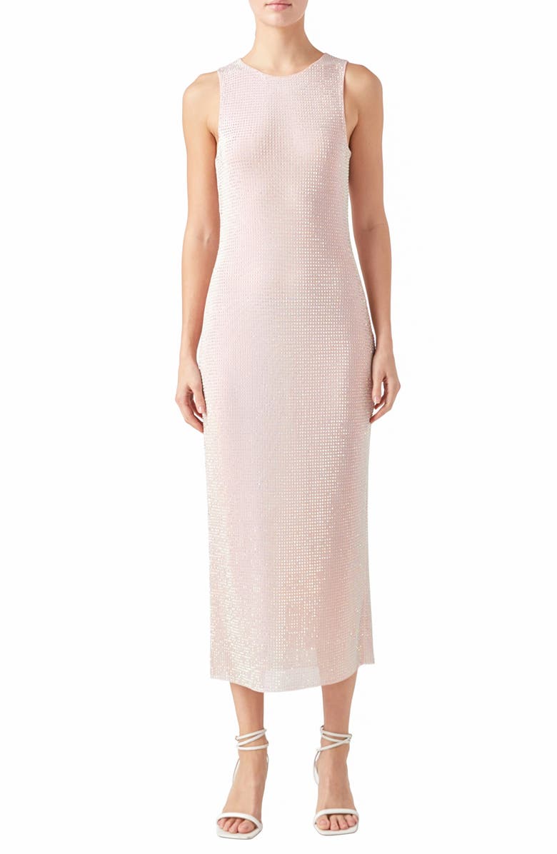 Endless Rose Embellished Rhinestone Mesh Midi Dress, Main, color, Light Pink