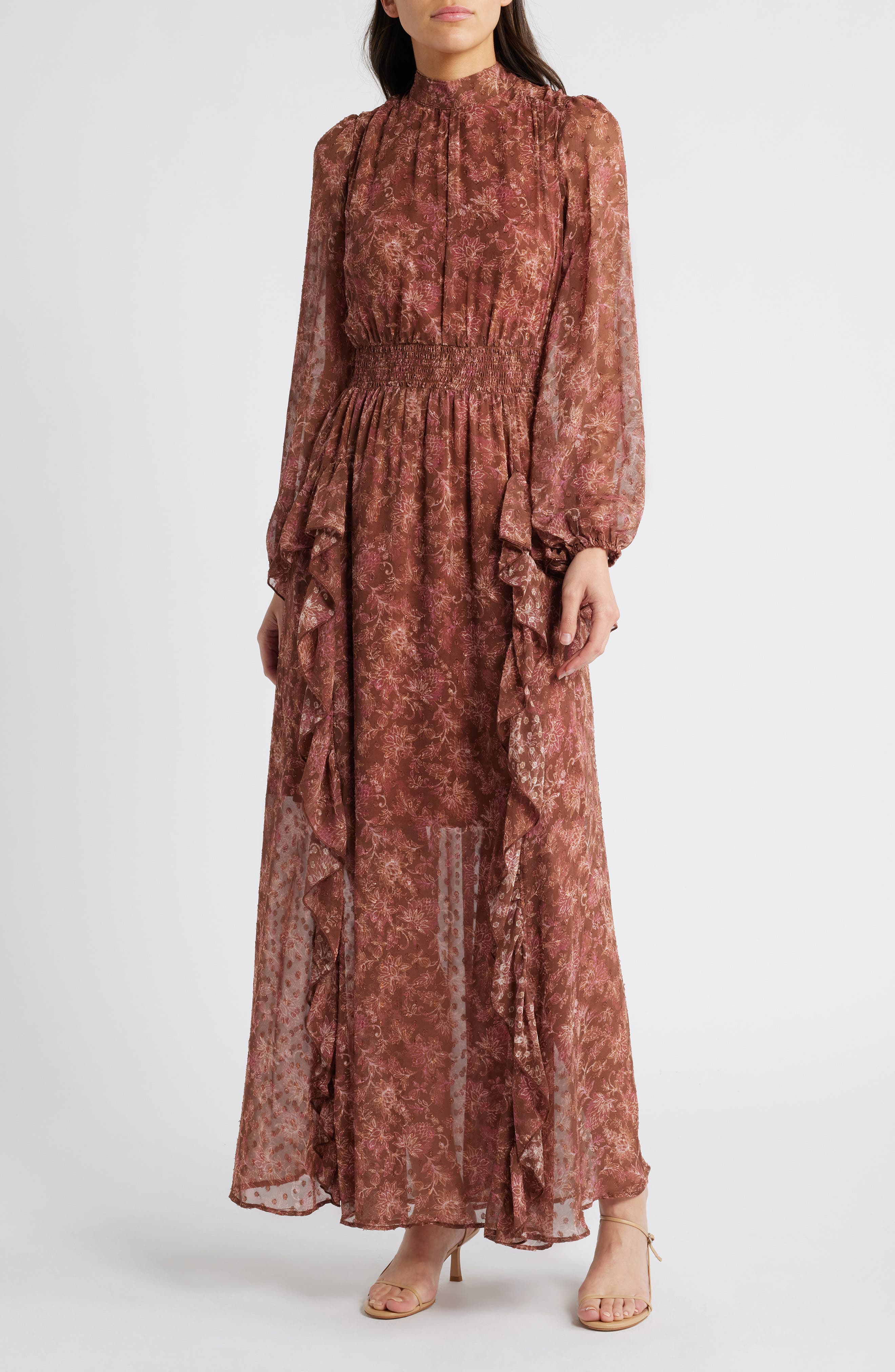 MELLODAY Floral Print Long Sleeve Maxi Dress in Rust Multi 