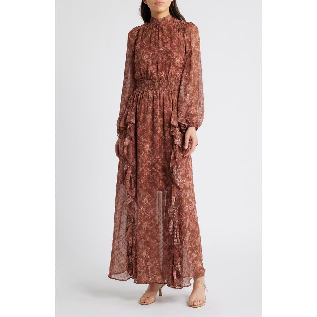 MELLODAY Floral Print Long Sleeve Maxi Dress in Rust Multi