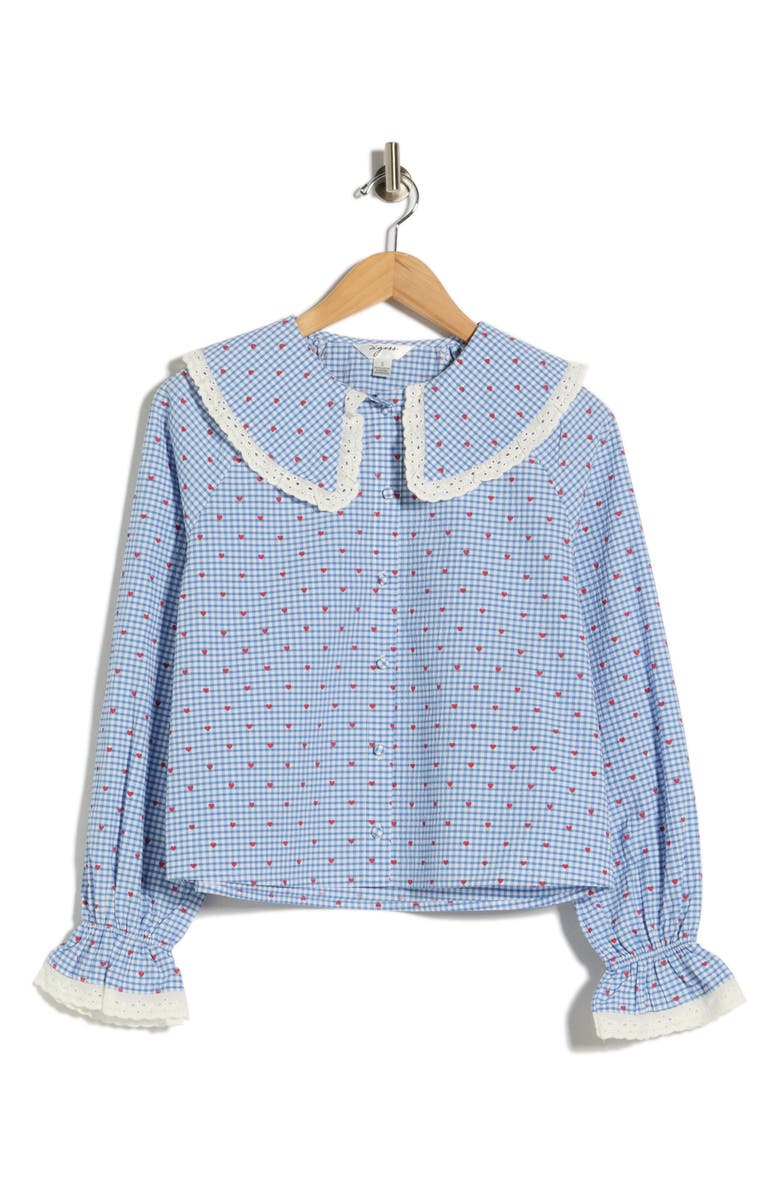 Vigoss Gingham Heart Print Long Sleeve Button-Up Top, Alternate, color, Blue Combo