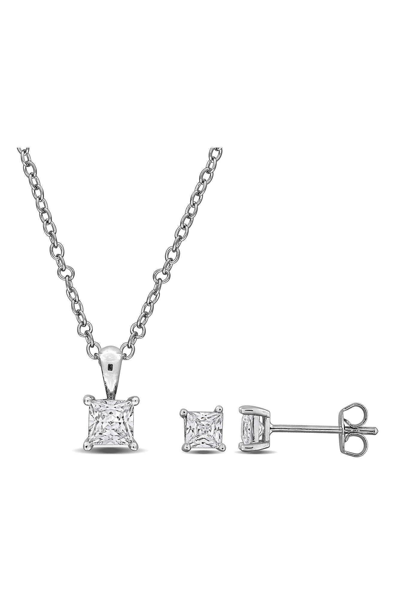 DELMAR Square-Cut Cubic Zirconia Stud Earrings & Necklace Set