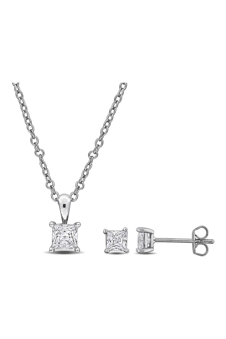 Square-Cut Cubic Zirconia Stud Earrings & Necklace Set, Main, color, WHITE
