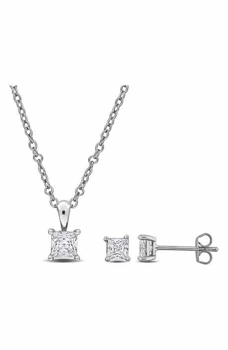 DELMAR Square-Cut Cubic Zirconia Stud Earrings & Necklace Set