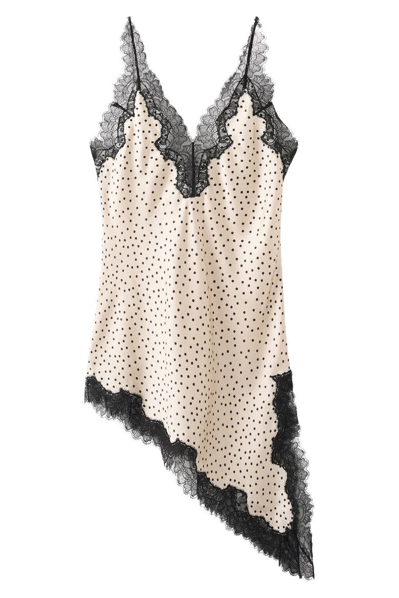 Silver Polka Dot Lace Trim Satin Top, Main, color, ECRU