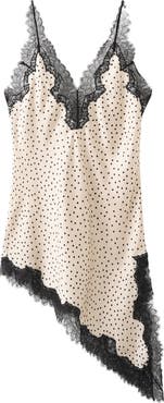 MANGO Silver Polka Dot Lace Trim Satin Top