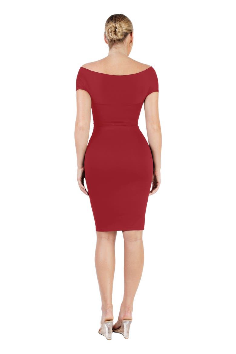 Shapewear Ruched Off-Shoulder Sculpting Midi Dress, Alternate, color, Maroon