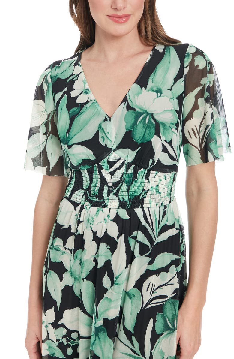 London Times Floral Smocked Flutter Sleeve Mesh Maxi Dress, Alternate, color,