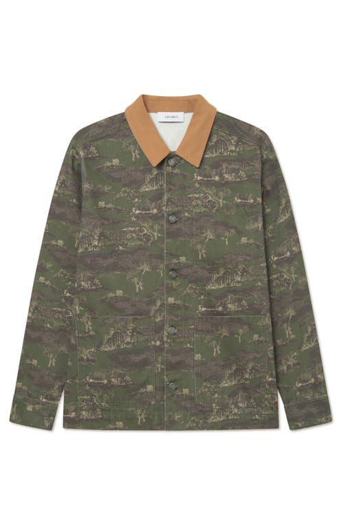 Les Deux Layton 2.0 Camouflage Denim Overshirt In Chive Green/summer Melon
