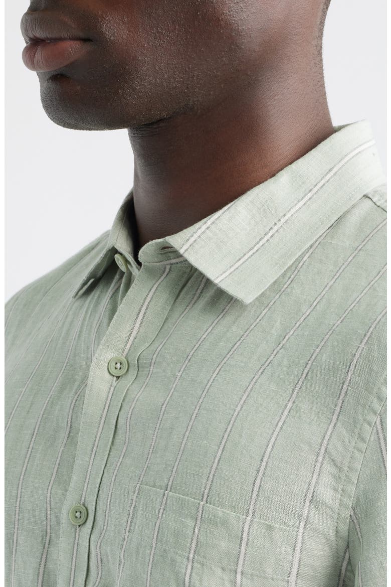 Stripe Short Sleeve Linen Button-Up Shirt, Alternate, color, GREEN BAND STRIPE