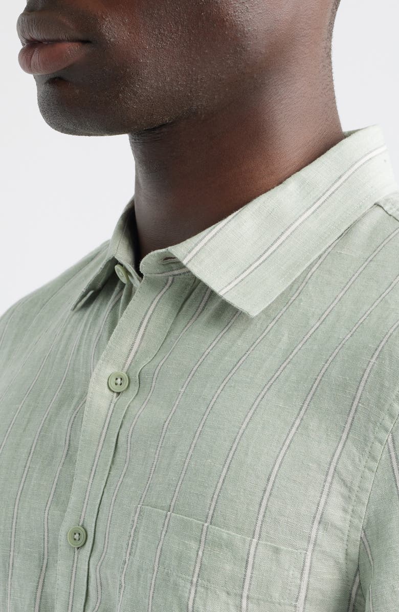 Nordstrom Stripe Short Sleeve Linen Button-Up Shirt, Alternate, color, Green Band Stripe