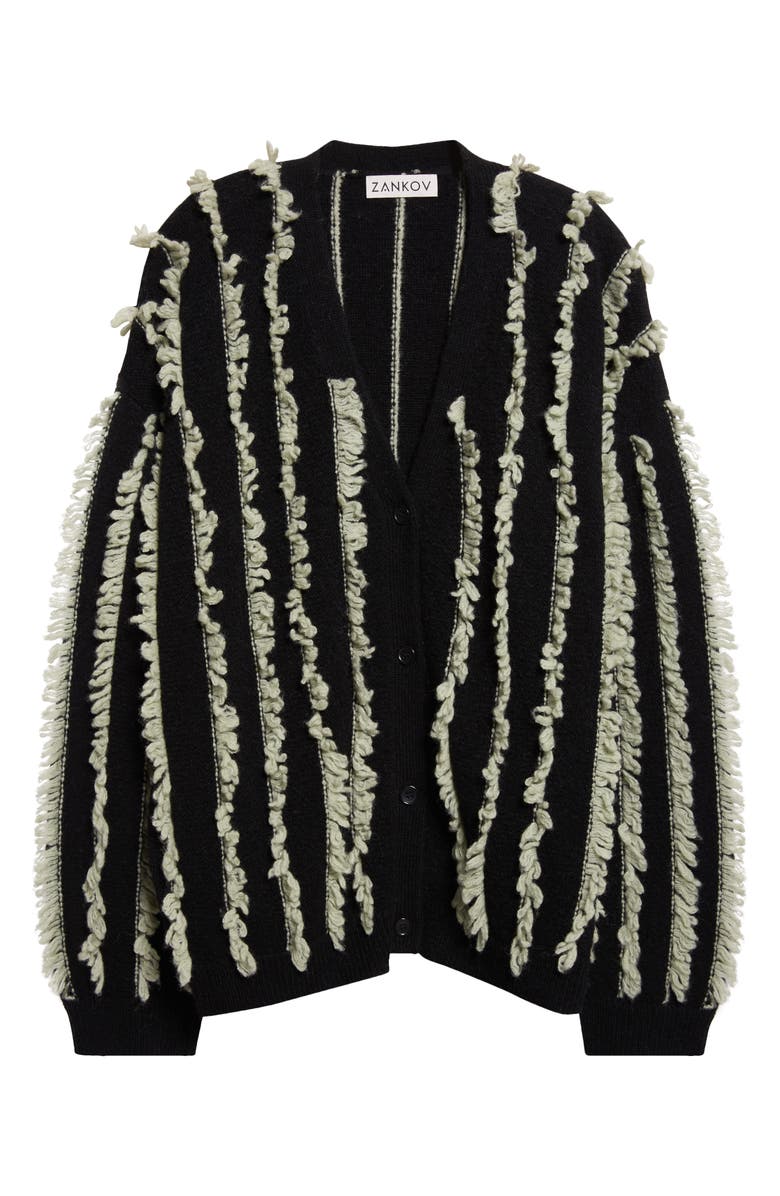 ZANKOV Joseph Fringe Stripe Merino Wool V-Neck Cardigan, Alternate, color, Sage/ Black Multi