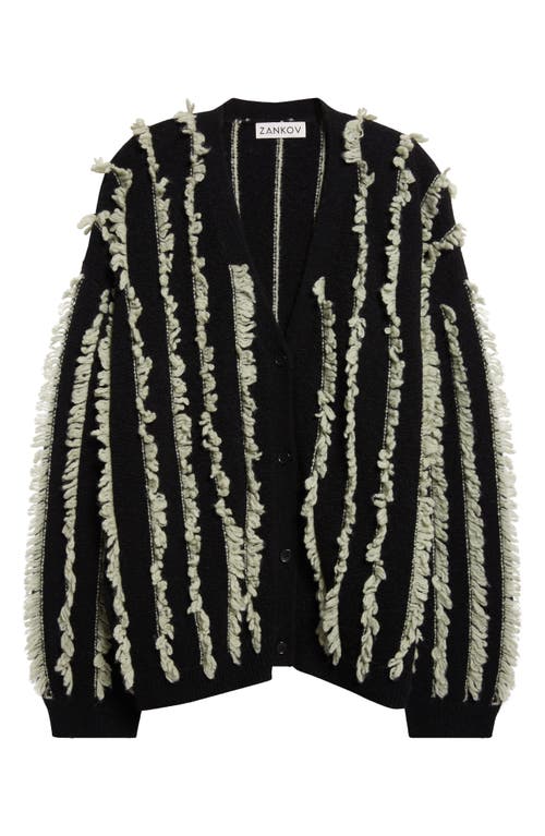 Zankov Joseph Fringe Stripe Merino Wool V-neck Cardigan In Black