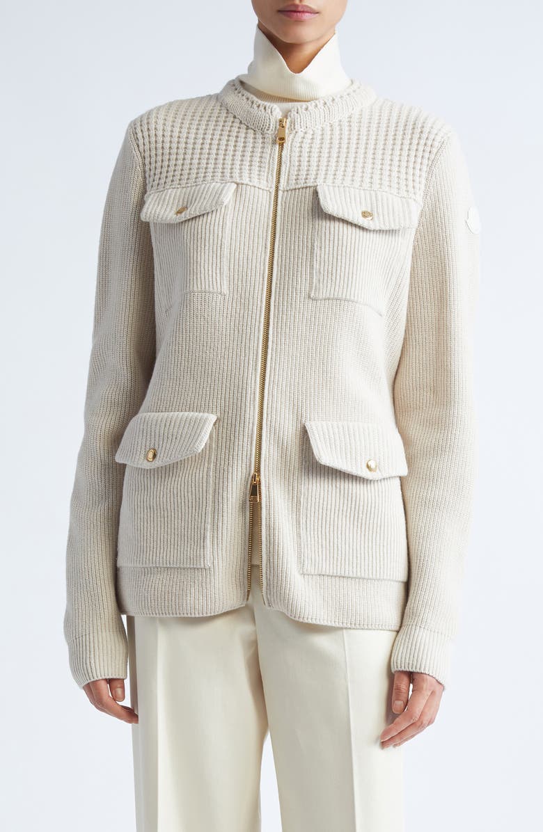 Moncler Virgin Wool Knit & Down Cardigan, Main, color, Almond Milk