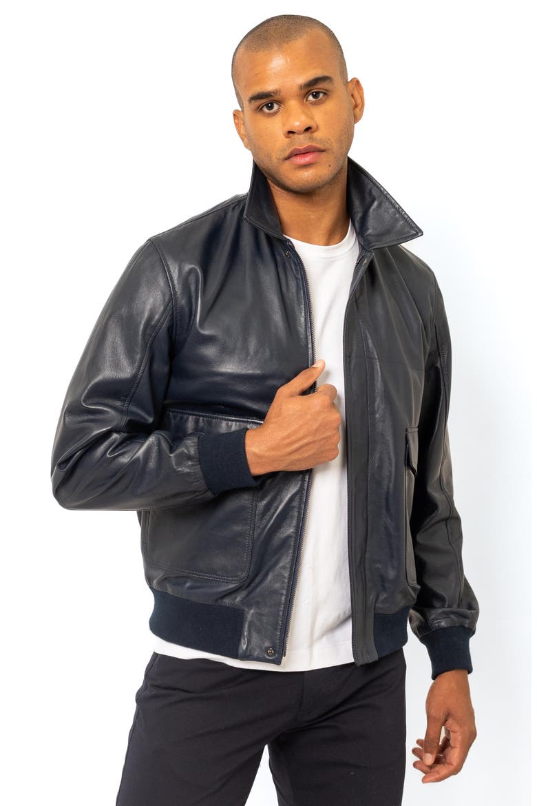 Leather Bomber Jacket, Alternate, color, NAVY