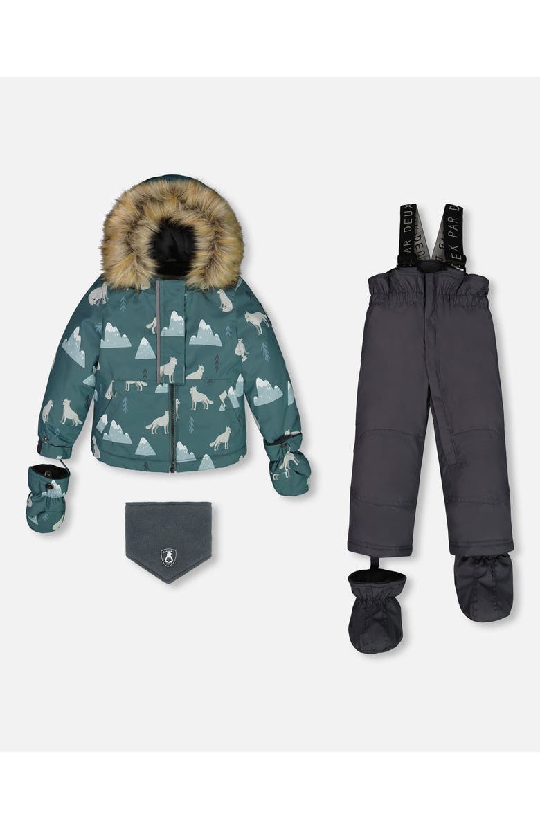 Deux par Deux Baby Boy's Two Piece Baby Snowsuit Sage Printed Wolves And Dark Grey, Main, color,