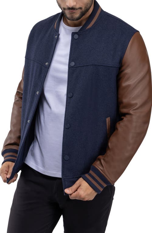 X-ray Xray Mixed Media Faux Leather Bomber Jacket In Navy/brown